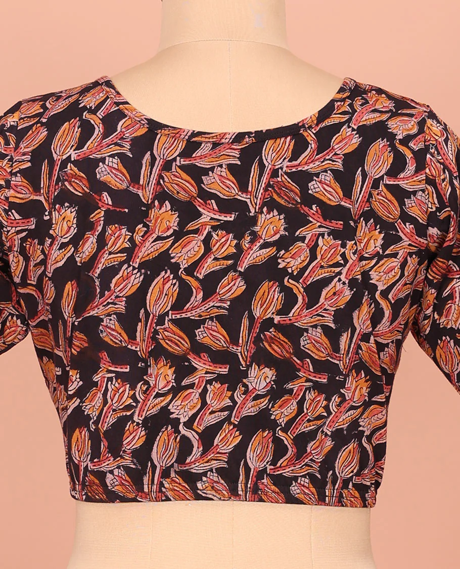 Black Cotton Readymade Blouse Accentuated with All-Over Floral Motifs Print, Featuring a Front Round-Neck, a Back Round-Neck, and Elbow Sleeves - Image 2