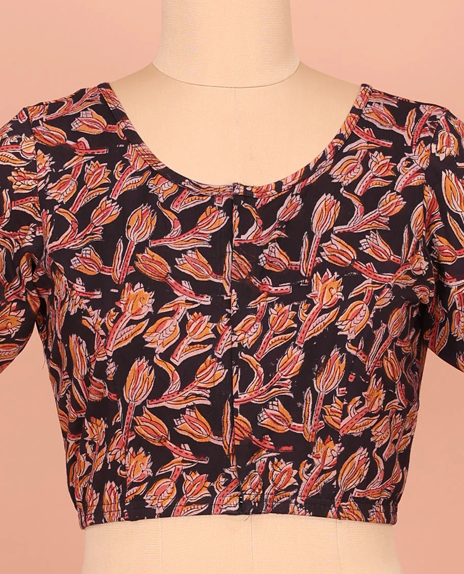 Black Cotton Readymade Blouse Accentuated with All-Over Floral Motifs Print, Featuring a Front Round-Neck, a Back Round-Neck, and Elbow Sleeves - Image 3