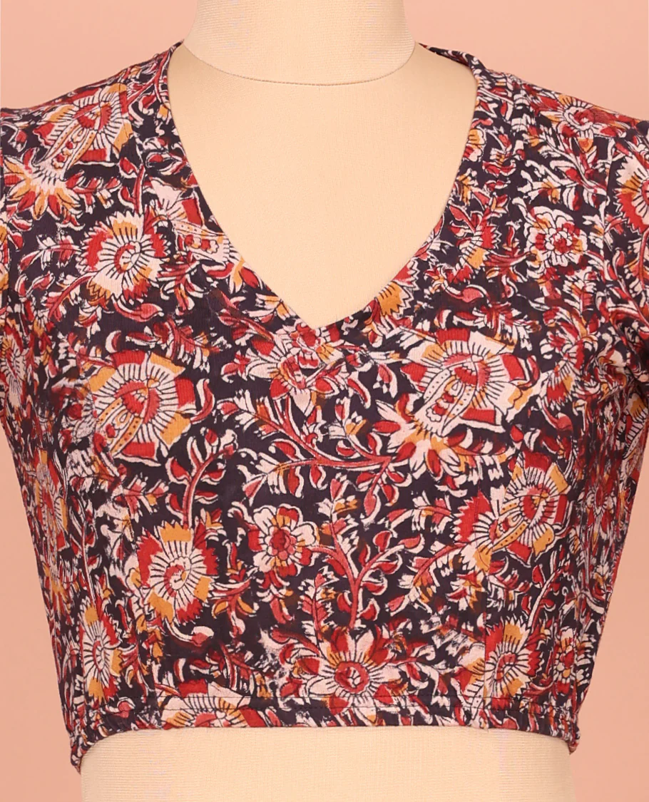 Black Cotton Readymade Blouse Accentuated with All-Over Floral Print, Front V-Neck, Back Closed Neck, and Elbow Sleeves - Image 3