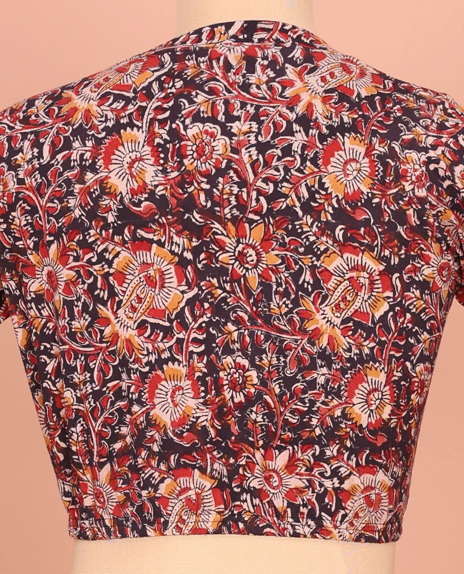 Black Cotton Readymade Blouse Accentuated with All-Over Floral Print, Front V-Neck, Back Closed Neck, and Elbow Sleeves - Image 4