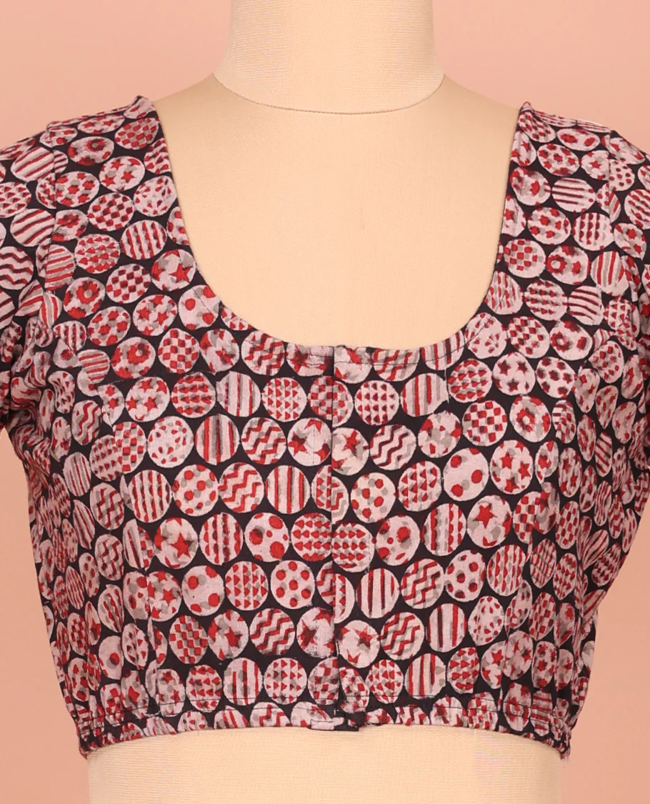 Black Cotton Readymade Blouse Adorned with All-Over Geometric Motifs Print, Front Round Neck, Back Round Neck, and Elbow Sleeves - Image 2