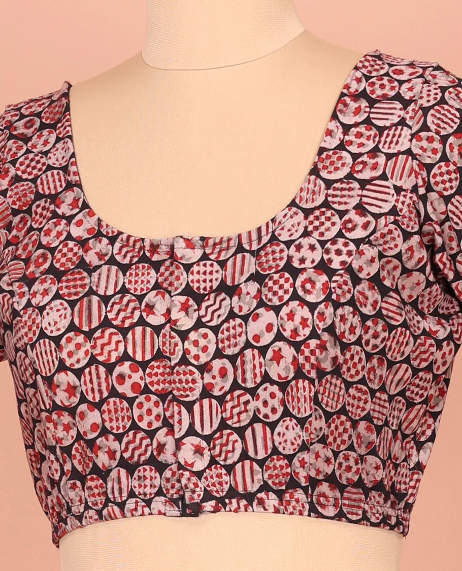 Black Cotton Readymade Blouse Adorned with All-Over Geometric Motifs Print, Front Round Neck, Back Round Neck, and Elbow Sleeves - Image 3