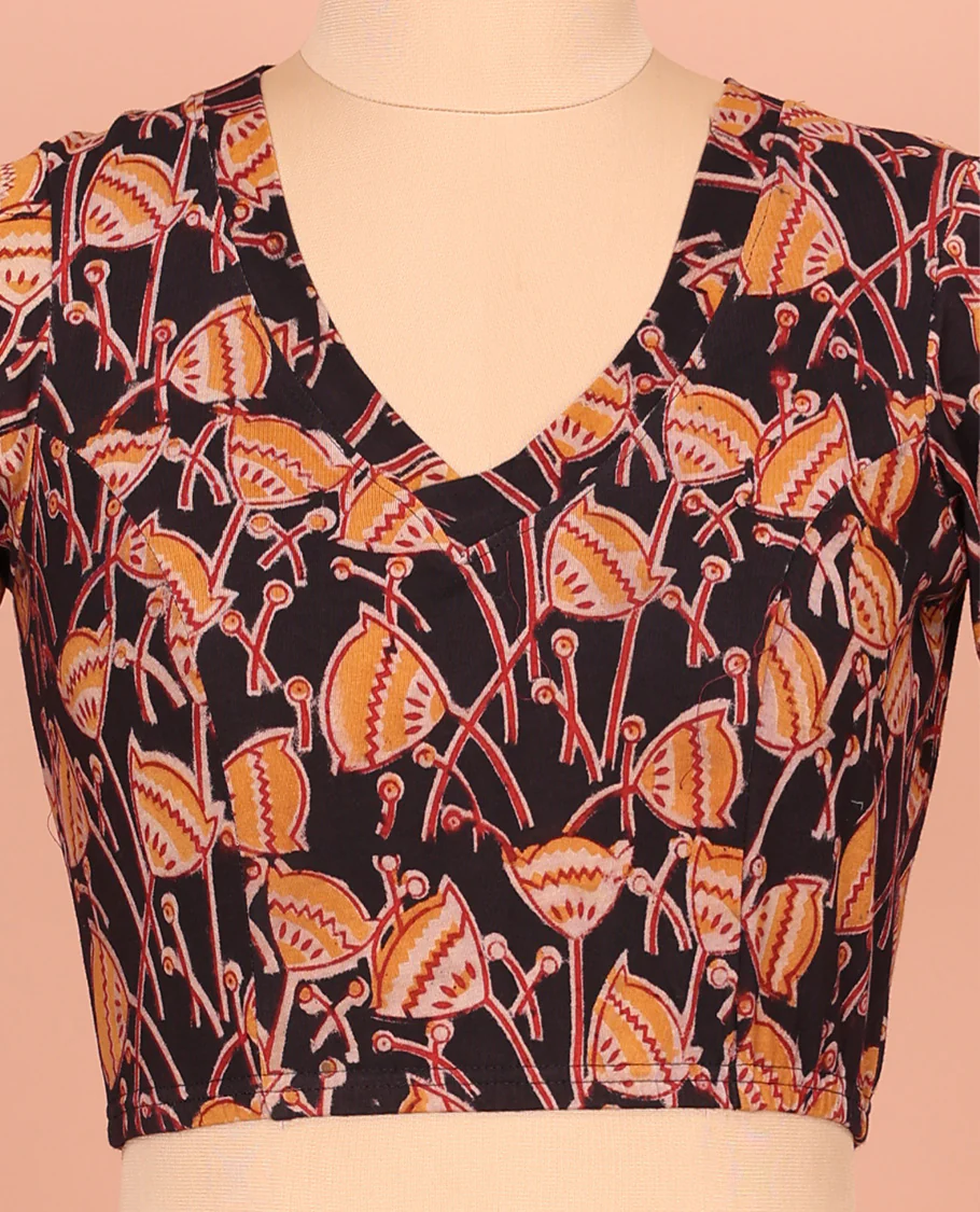 Black Cotton Readymade Blouse Artfully Detailed with All-Over Floral Motifs Print, Front V-Neck, Back Closed Neck, and Elbow Sleeves - Image 2