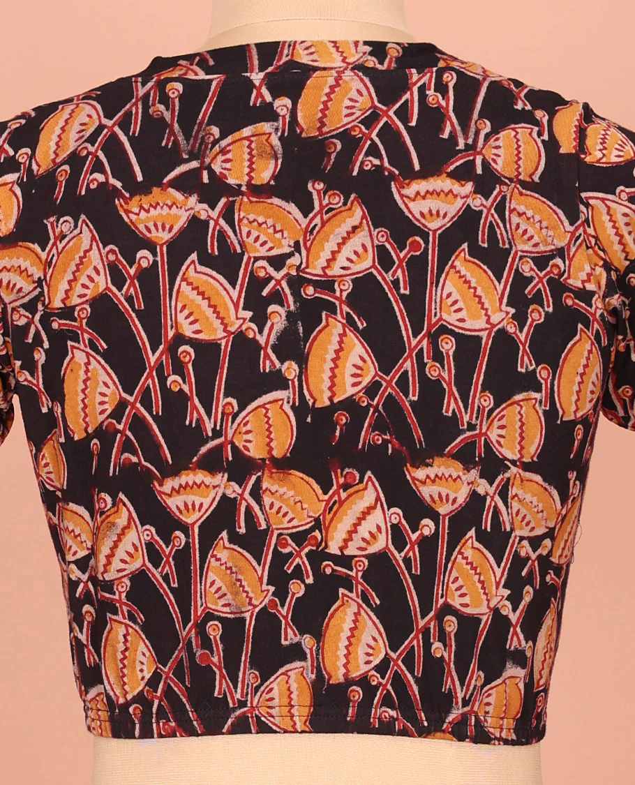 Black Cotton Readymade Blouse Artfully Detailed with All-Over Floral Motifs Print, Front V-Neck, Back Closed Neck, and Elbow Sleeves - Image 4