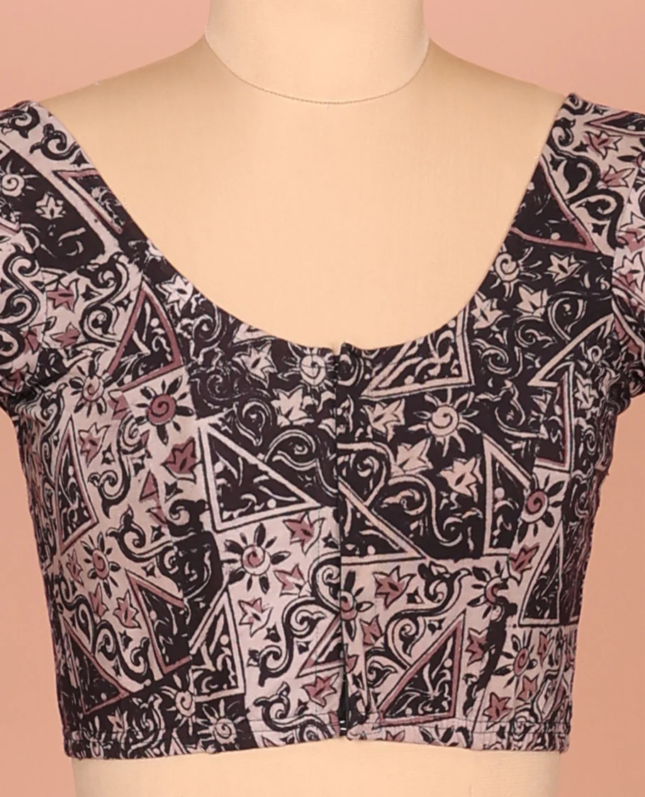 Black Cotton Readymade Blouse Bedecked with All-Over Floral-Geometric Print, Featuring a Front Round-Neck, a Back Round-Neck, and Elbow Sleeves - Image 4