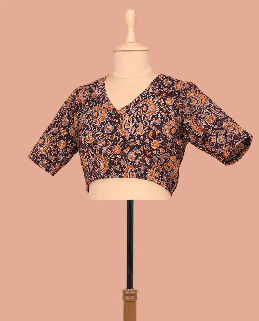 Black Cotton Readymade Blouse Delicately Printed with All-Over Floral Vine, Featuring a Front V-Neck, a Closed Back Neck, and Elbow Sleeves