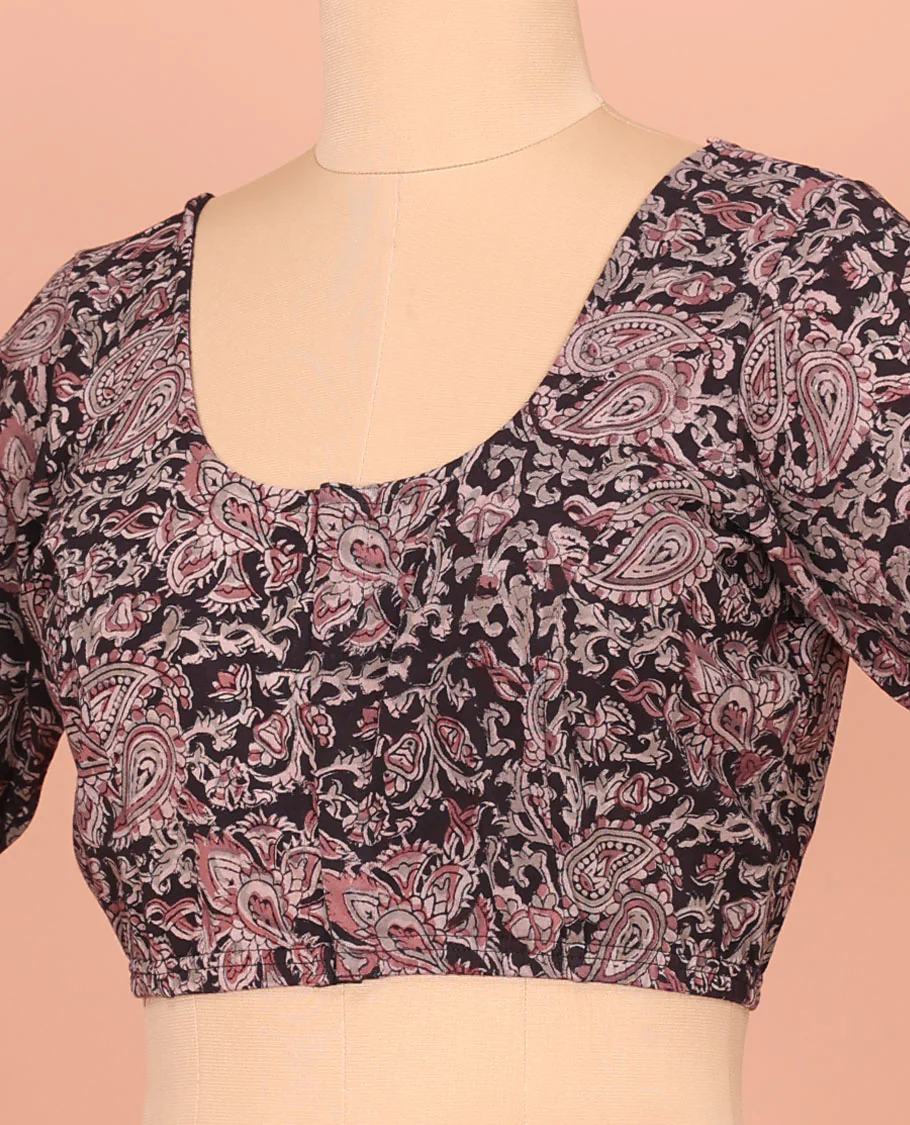 Black Cotton Readymade Blouse Delicately Printed with All-Over Floral Vine Print, Featuring a Front Round-Neck, a Back Round-Neck, and Elbow Sleeves - Image 3