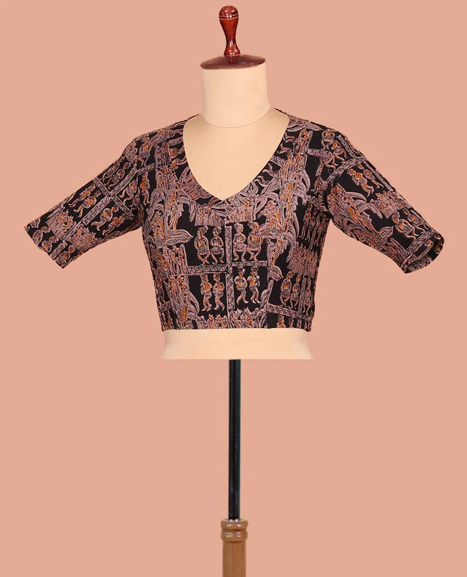 Black Cotton Readymade Blouse Detailed with All-Over Ancient Human Motifs Print, Featuring a Front Leaf-Neck, a Closed Back Neck, and Elbow Sleeves