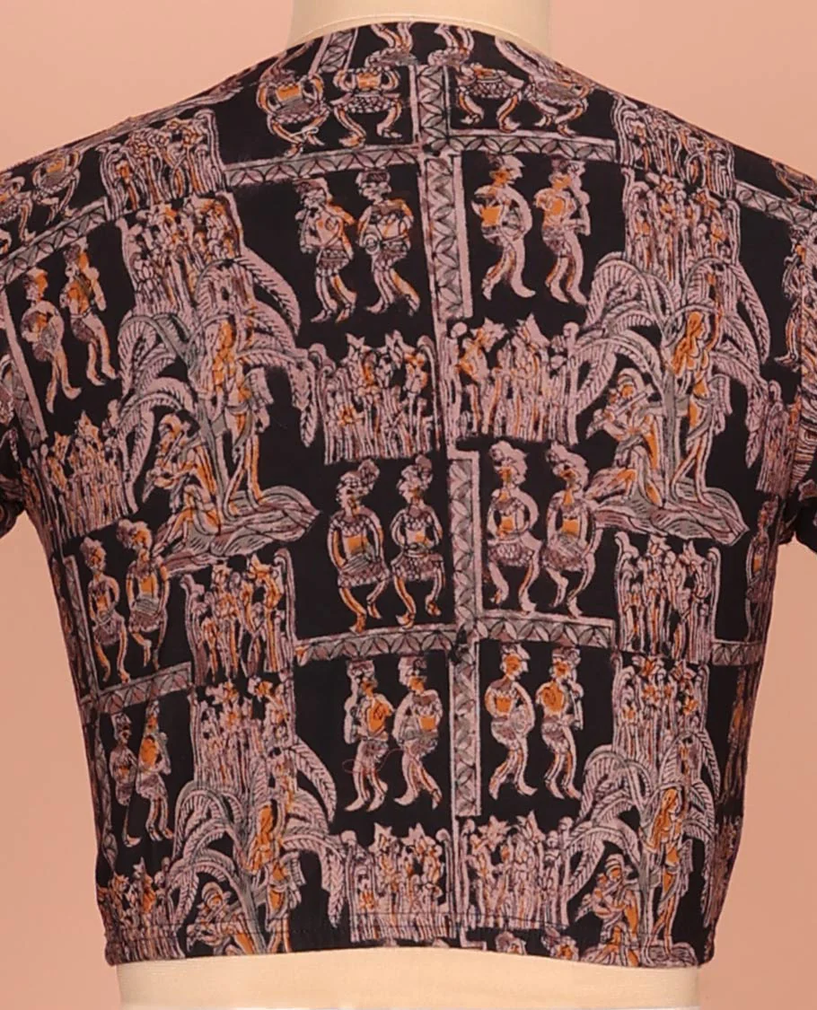 Black Cotton Readymade Blouse Detailed with All-Over Ancient Human Motifs Print, Featuring a Front Leaf-Neck, a Closed Back Neck, and Elbow Sleeves - Image 3