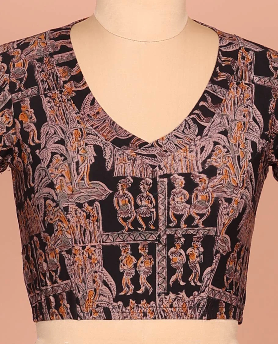 Black Cotton Readymade Blouse Detailed with All-Over Ancient Human Motifs Print, Featuring a Front Leaf-Neck, a Closed Back Neck, and Elbow Sleeves - Image 4