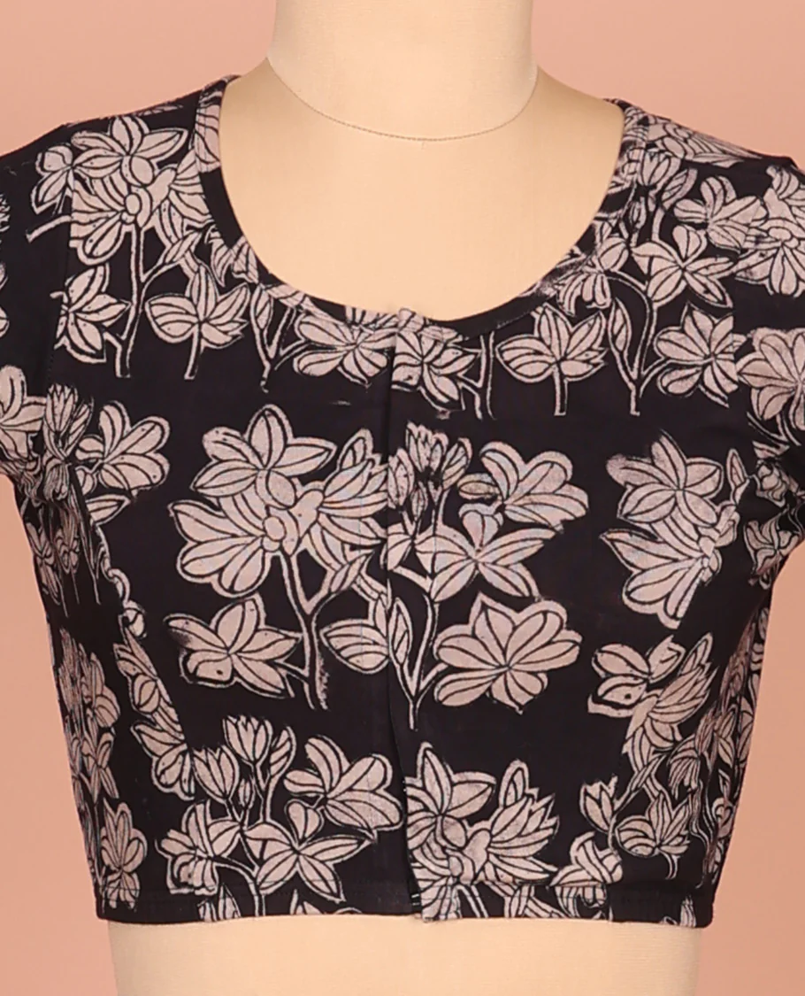 Black Cotton Readymade Blouse Detailed with All-Over Floral Print, Featuring a Front Round-Neck, a Closed Back Neck, and Elbow Sleeves - Image 3