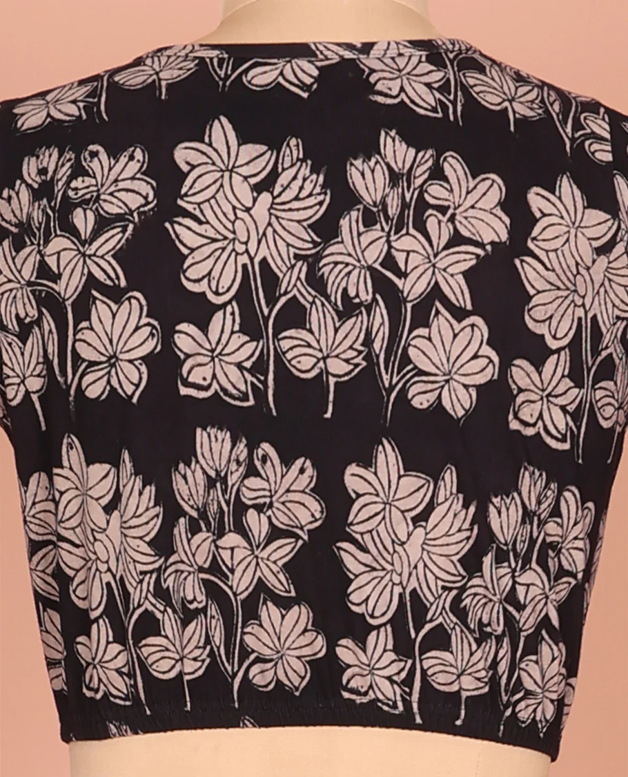 Black Cotton Readymade Blouse Detailed with All-Over Floral Print, Featuring a Front Round-Neck, a Closed Back Neck, and Elbow Sleeves - Image 4