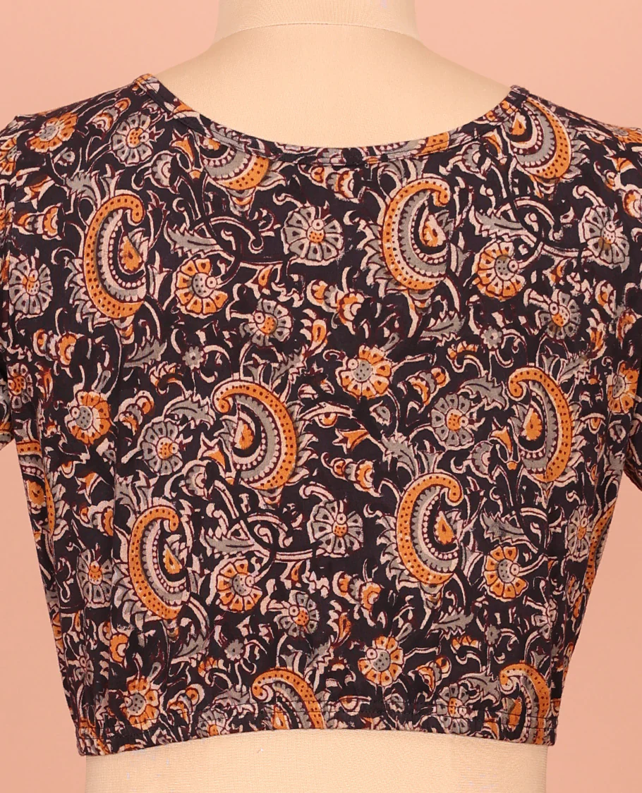 Black Cotton Readymade Blouse Elegantly Framed with All-Over Floral and Paisley Print, Featuring a Front Round-Neck, a Closed Back Neck, and Elbow Sleeves - Image 4