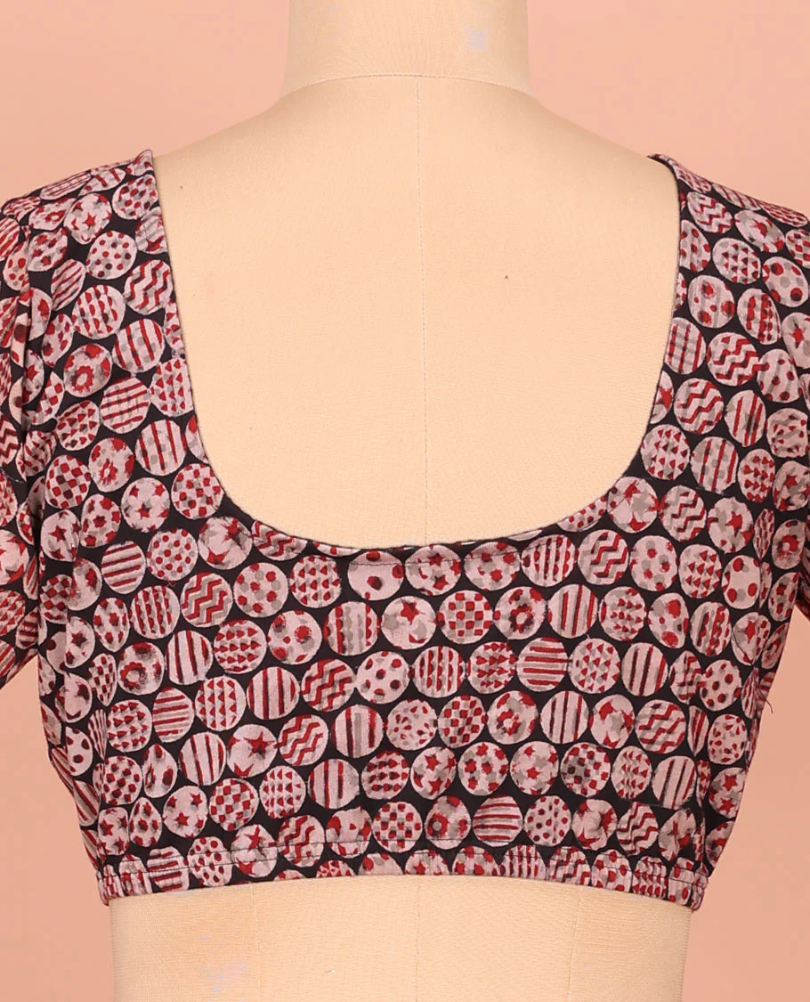 Black Cotton Readymade Blouse Embellished with All-Over Geometric Motifs Print, Featuring a Front Round-Neck, a Back Round-Neck, and Elbow Sleeves - Image 2