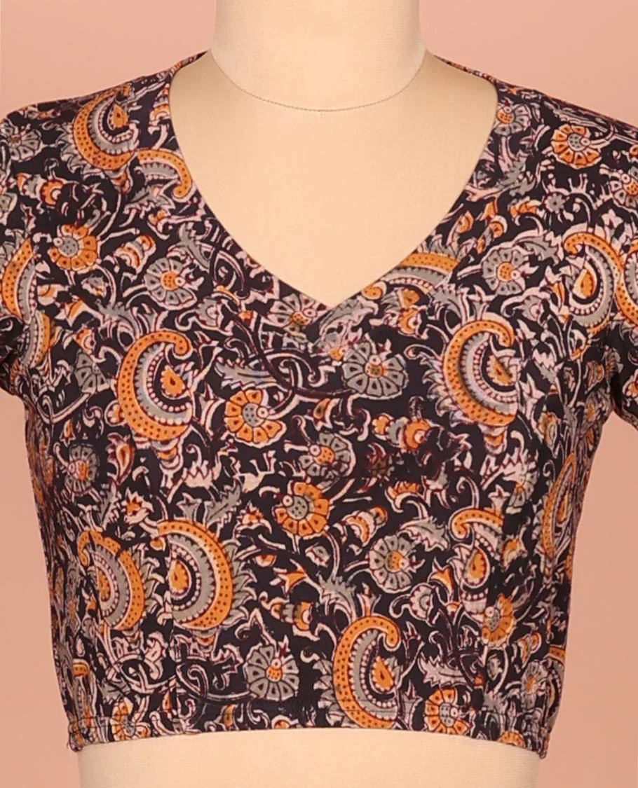 Black Cotton Readymade Blouse Enthralled with All-Over Floral and Paisley Theme Print, Featuring a Front Leaf-Neck, a Closed Back Neck, and Elbow Sleeves - Image 3