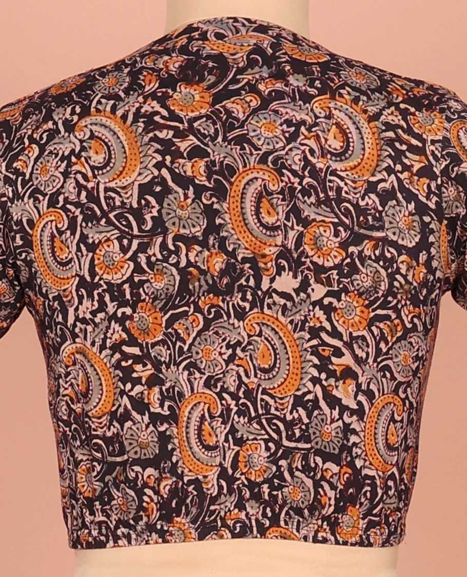 Black Cotton Readymade Blouse Enthralled with All-Over Floral and Paisley Theme Print, Featuring a Front Leaf-Neck, a Closed Back Neck, and Elbow Sleeves - Image 4