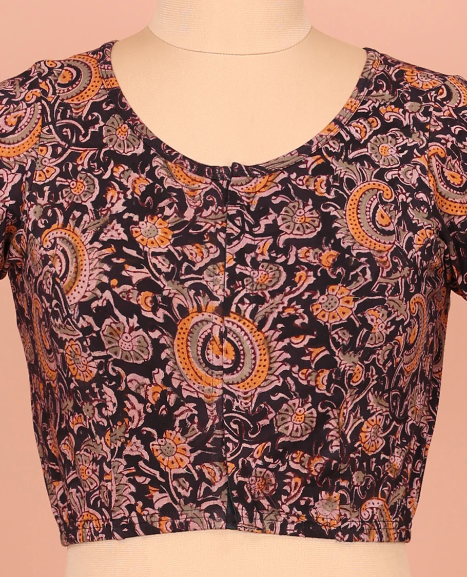 Black Cotton Readymade Blouse Majestically Detailed with All-Over Floral Vine Print, Front High-Neck, Back High Neck, and Elbow Sleeves - Image 2