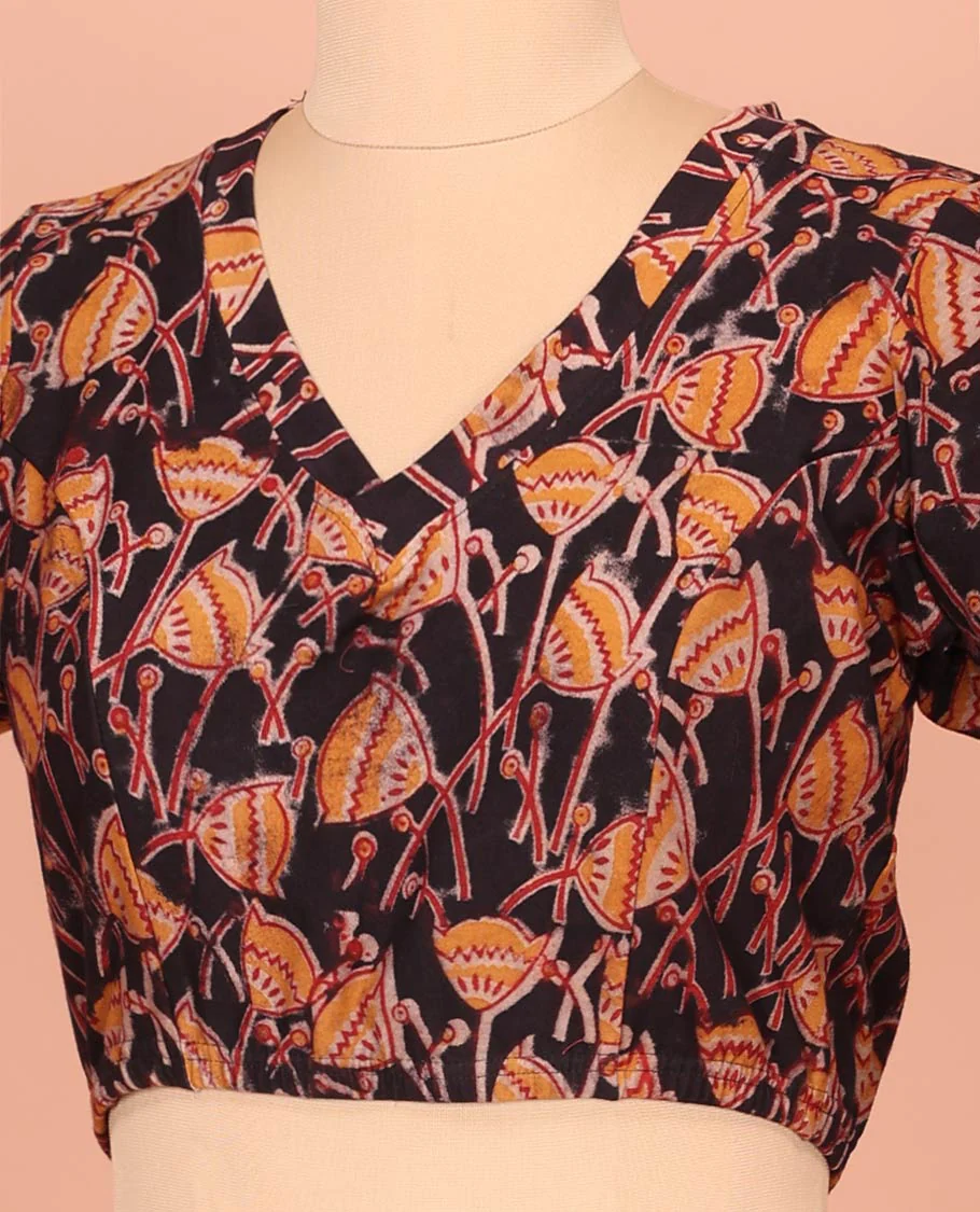 Black Cotton Readymade Blouse Majestically Detailed with All-Over Lotus Motifs Print, Front V-Neck, Back Round Neck, and Elbow Sleeves - Image 2