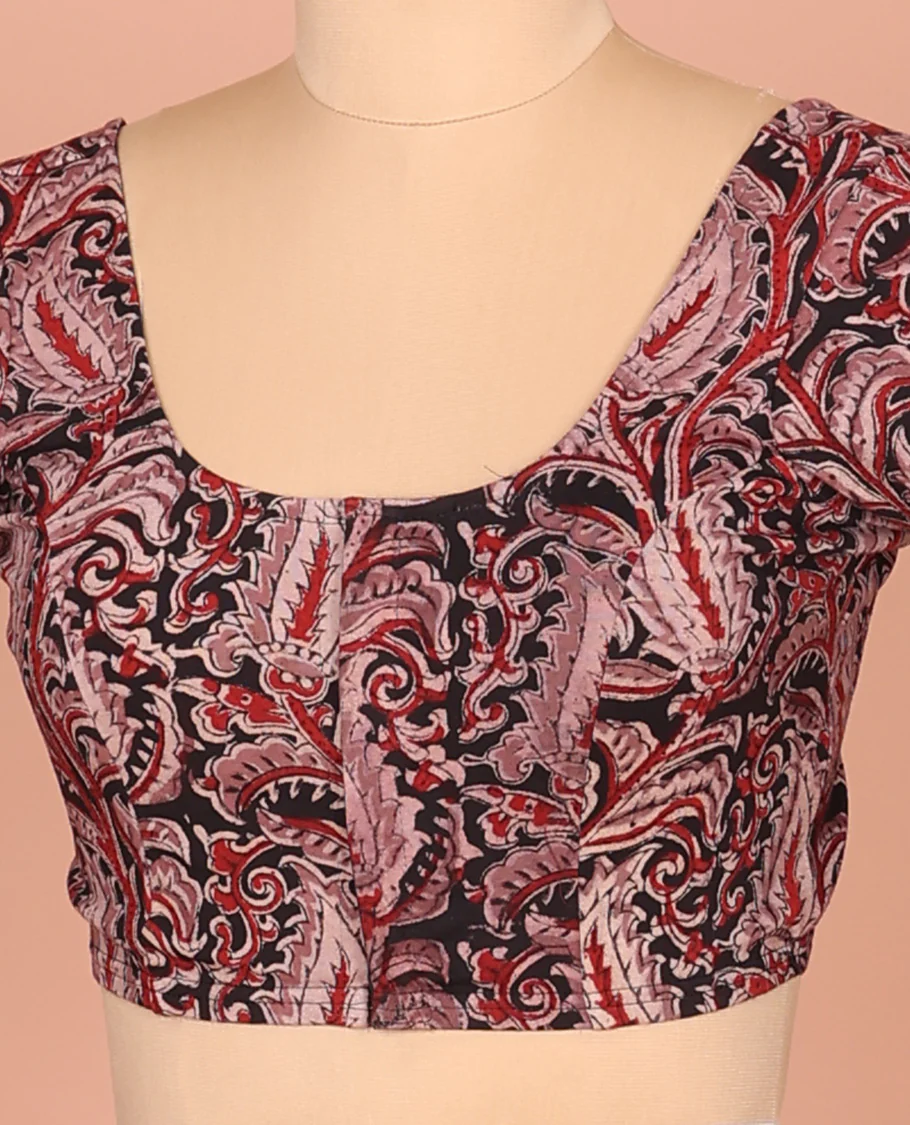 Black Cotton Readymade Blouse Ornamented with All-Over Floral Print, Featuring a Front Round-Neck, a Back Round-Neck, and Elbow Sleeves - Image 2
