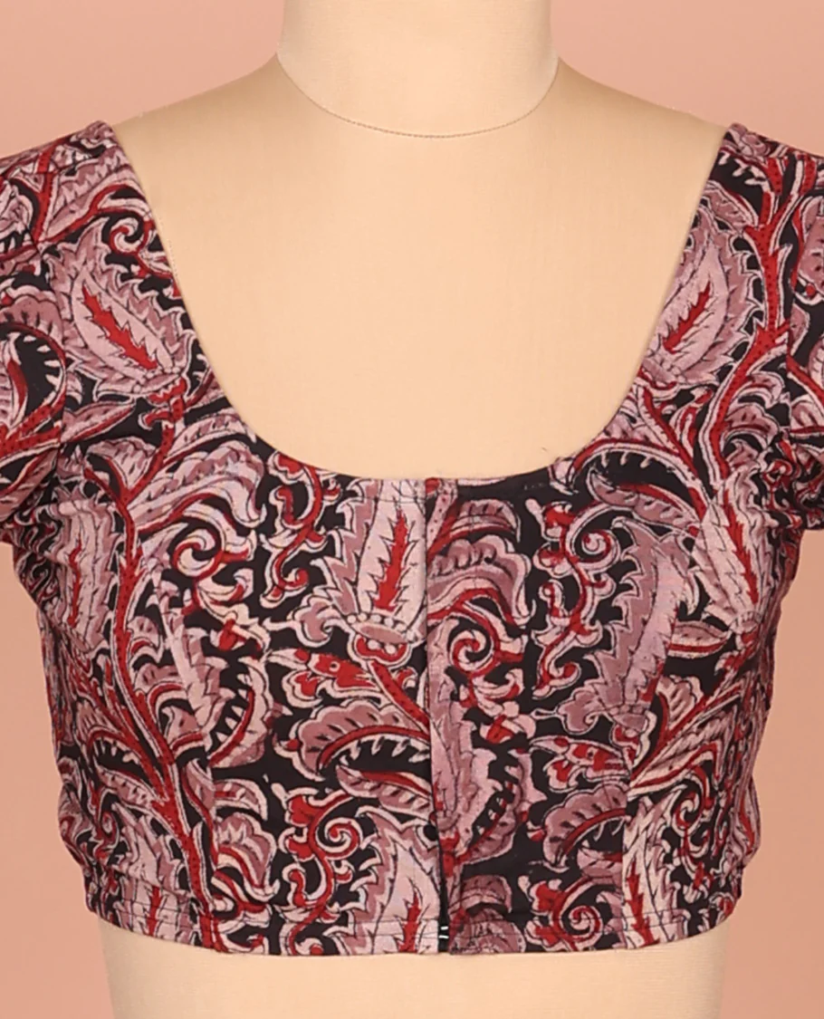 Black Cotton Readymade Blouse Ornamented with All-Over Floral Print, Featuring a Front Round-Neck, a Back Round-Neck, and Elbow Sleeves - Image 3