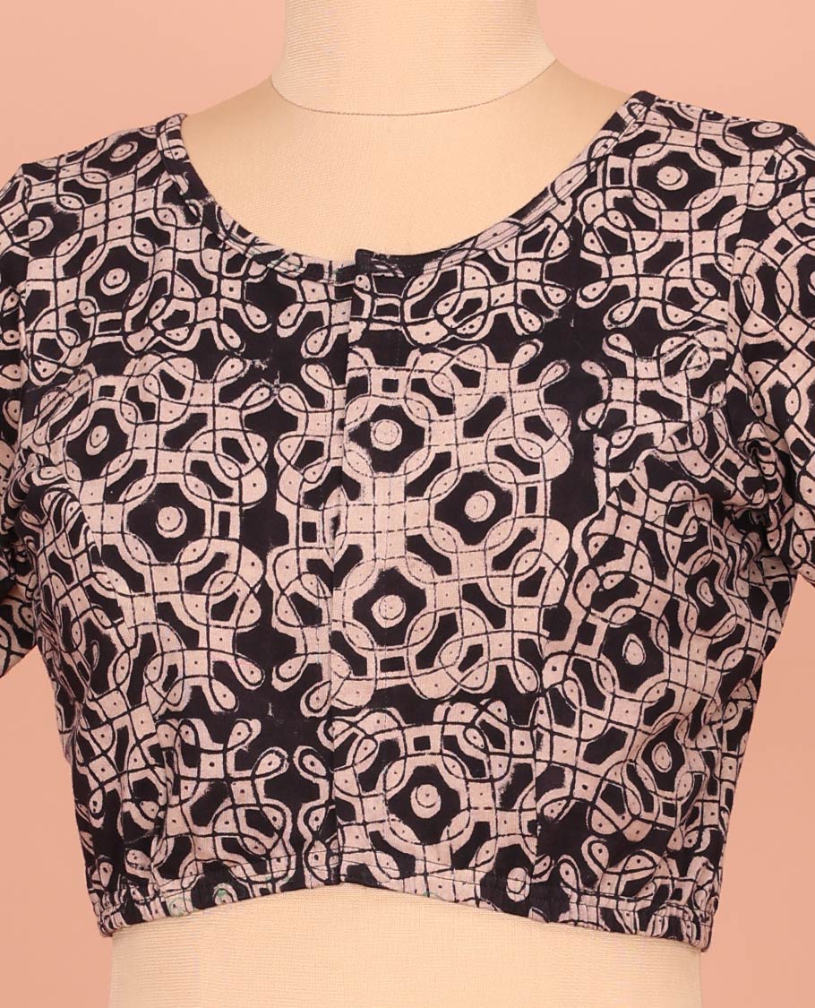 Black Cotton Readymade Blouse Subtly Sparked with All-Over Kolam Motifs Print, Featuring a Front Round-Neck, a Closed Back Neck, and Elbow Sleeves - Image 2