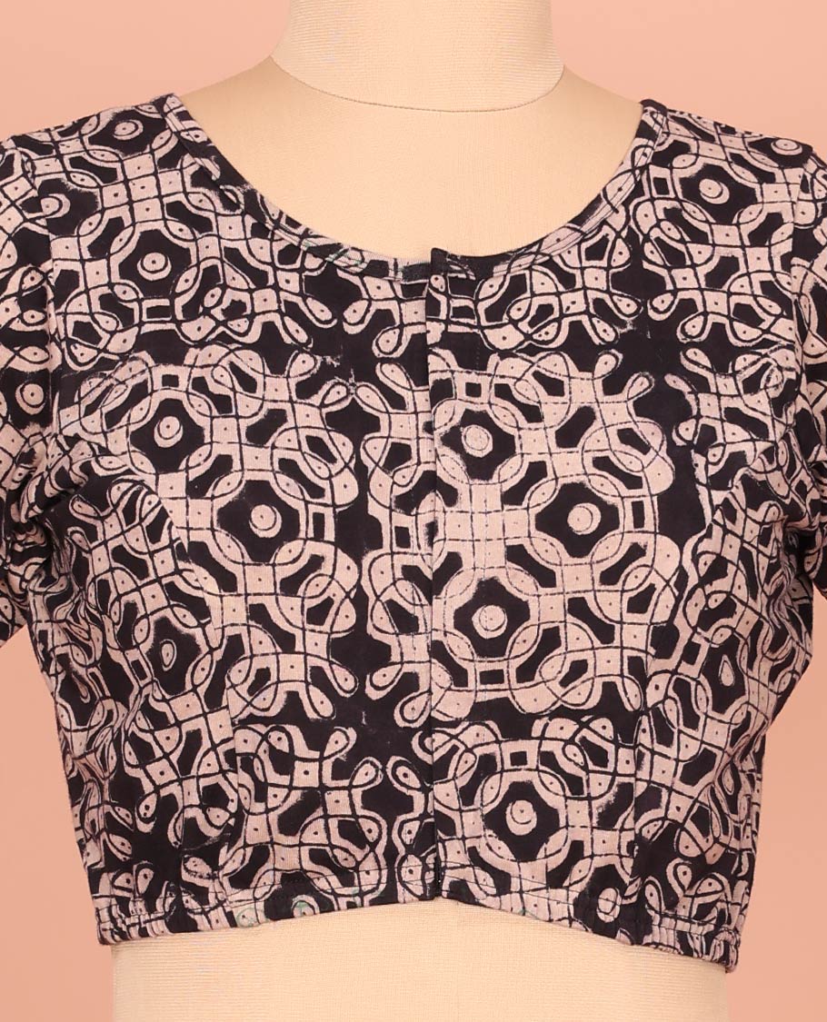 Black Cotton Readymade Blouse Subtly Sparked with All-Over Kolam Motifs Print, Featuring a Front Round-Neck, a Closed Back Neck, and Elbow Sleeves - Image 3