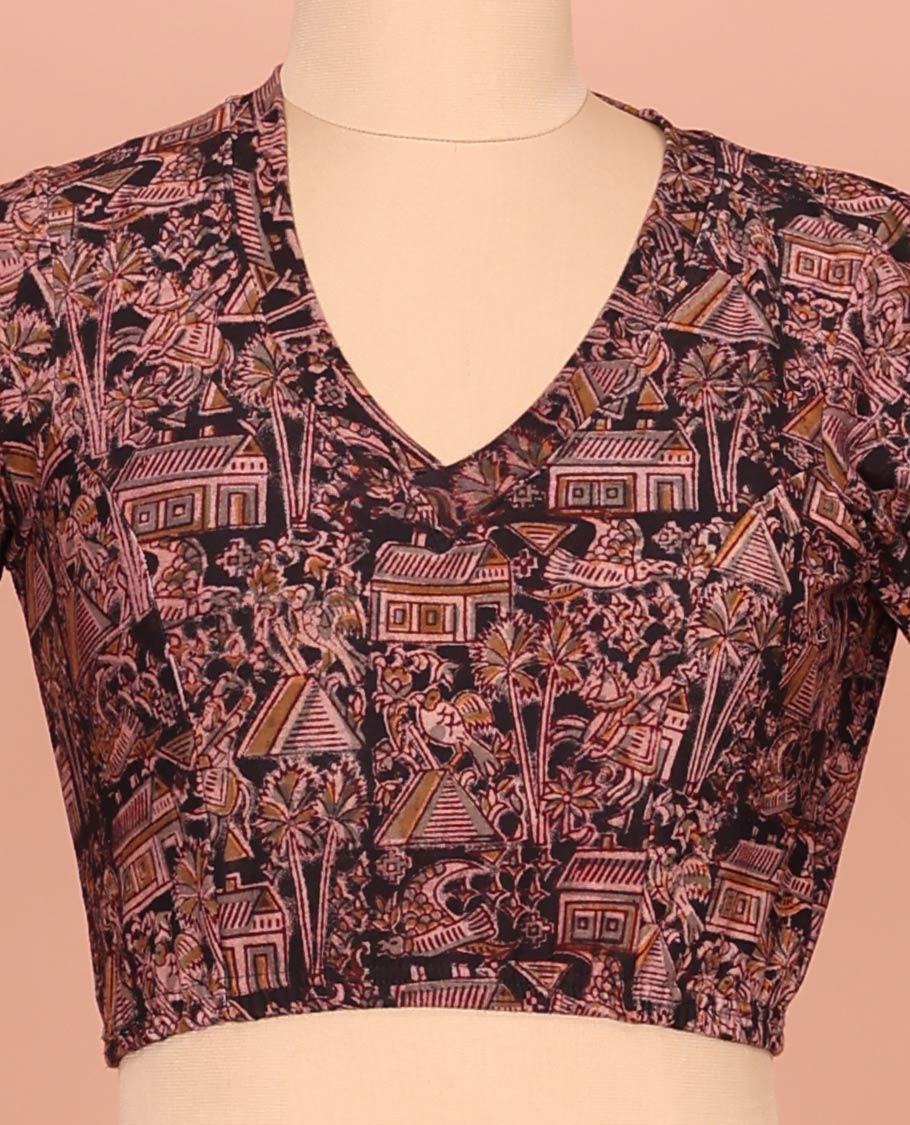 Black Cotton Readymade Blouse Subtly Sparked with All-Over Village Theme Print, Featuring a Front Leaf-Neck, a Closed Back Neck, and Elbow Sleeves - Image 2
