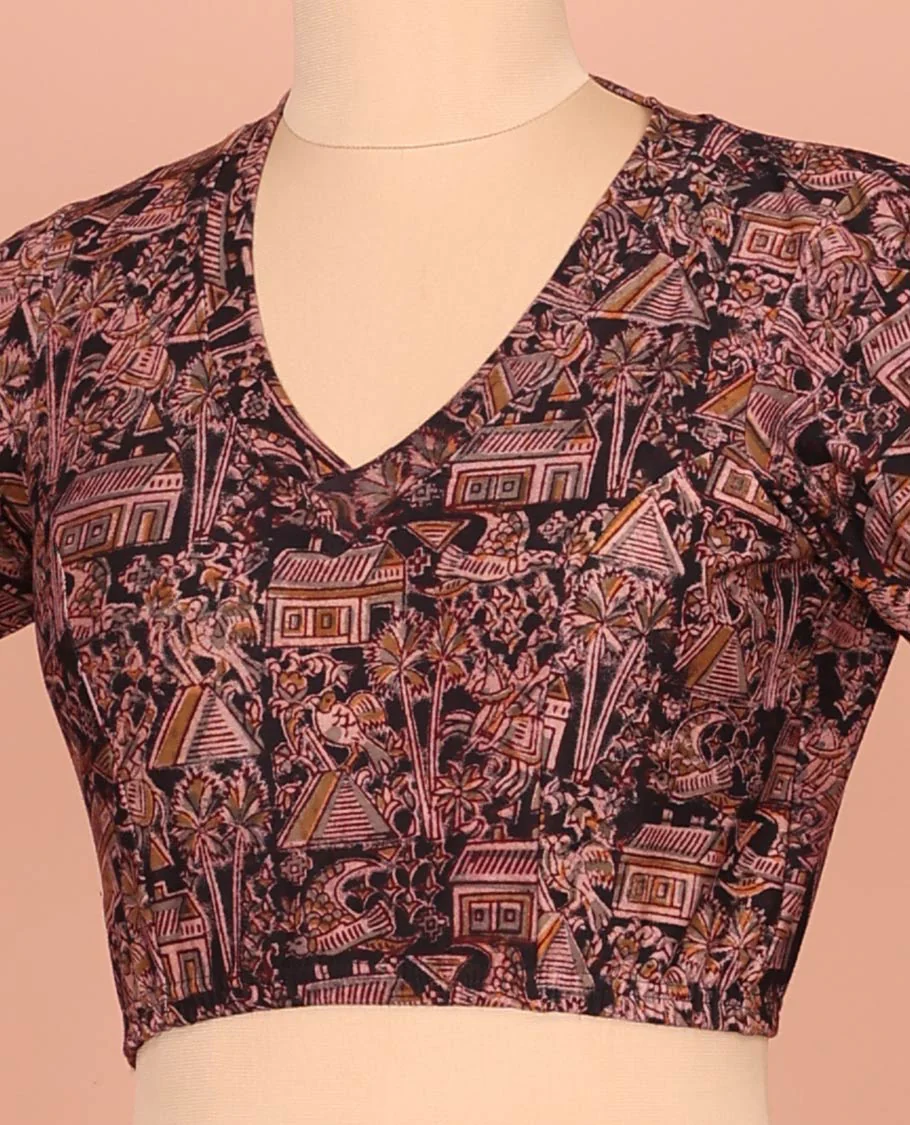 Black Cotton Readymade Blouse Subtly Sparked with All-Over Village Theme Print, Featuring a Front Leaf-Neck, a Closed Back Neck, and Elbow Sleeves - Image 3