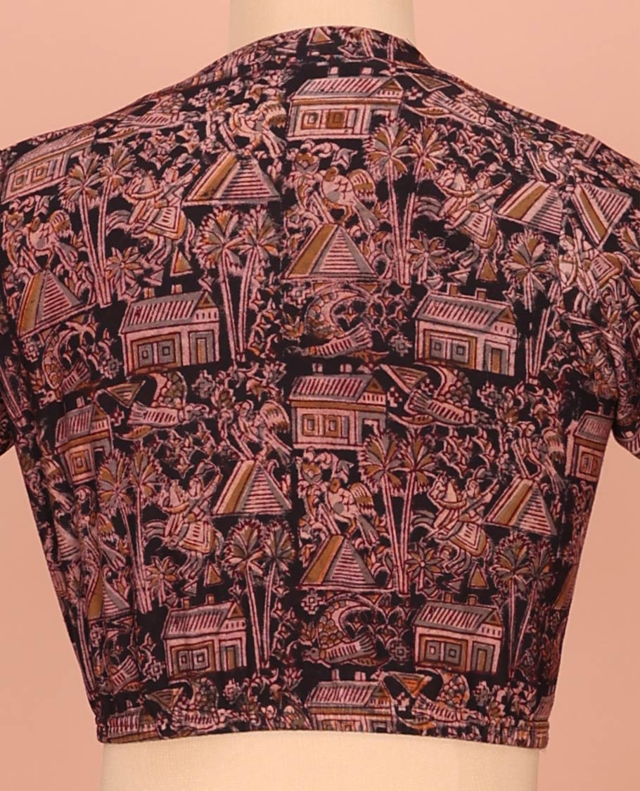 Black Cotton Readymade Blouse Subtly Sparked with All-Over Village Theme Print, Featuring a Front Leaf-Neck, a Closed Back Neck, and Elbow Sleeves - Image 4