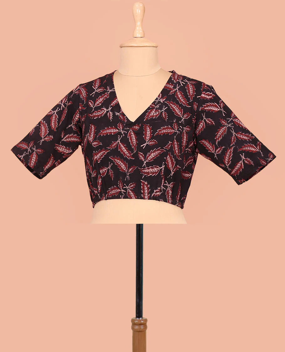 Black Cotton Readymade Blouse Subtly Sparked with Leaf Motifs Print, Featuring a Front V-Neck, a Closed Back Neck, and Elbow Sleeves