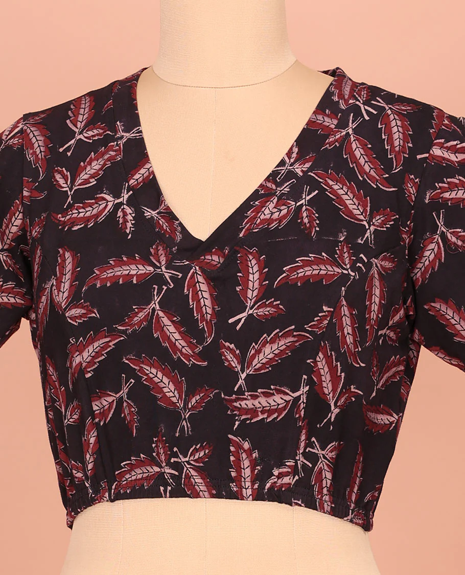 Black Cotton Readymade Blouse Subtly Sparked with Leaf Motifs Print, Featuring a Front V-Neck, a Closed Back Neck, and Elbow Sleeves - Image 3
