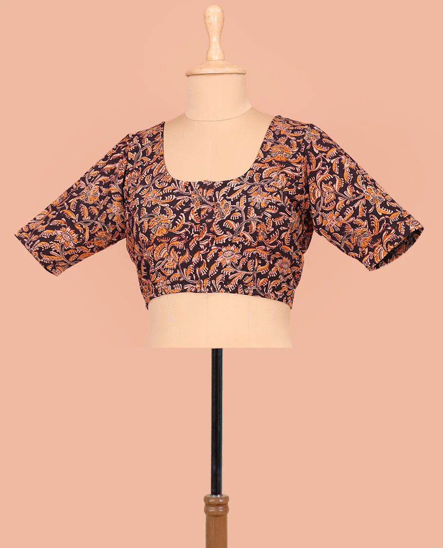 Black Cotton Readymade Enlivened with Floral Vine Design Print, Featuring a Front Round-Neck, a Back Round Neck, and Elbow Sleeves