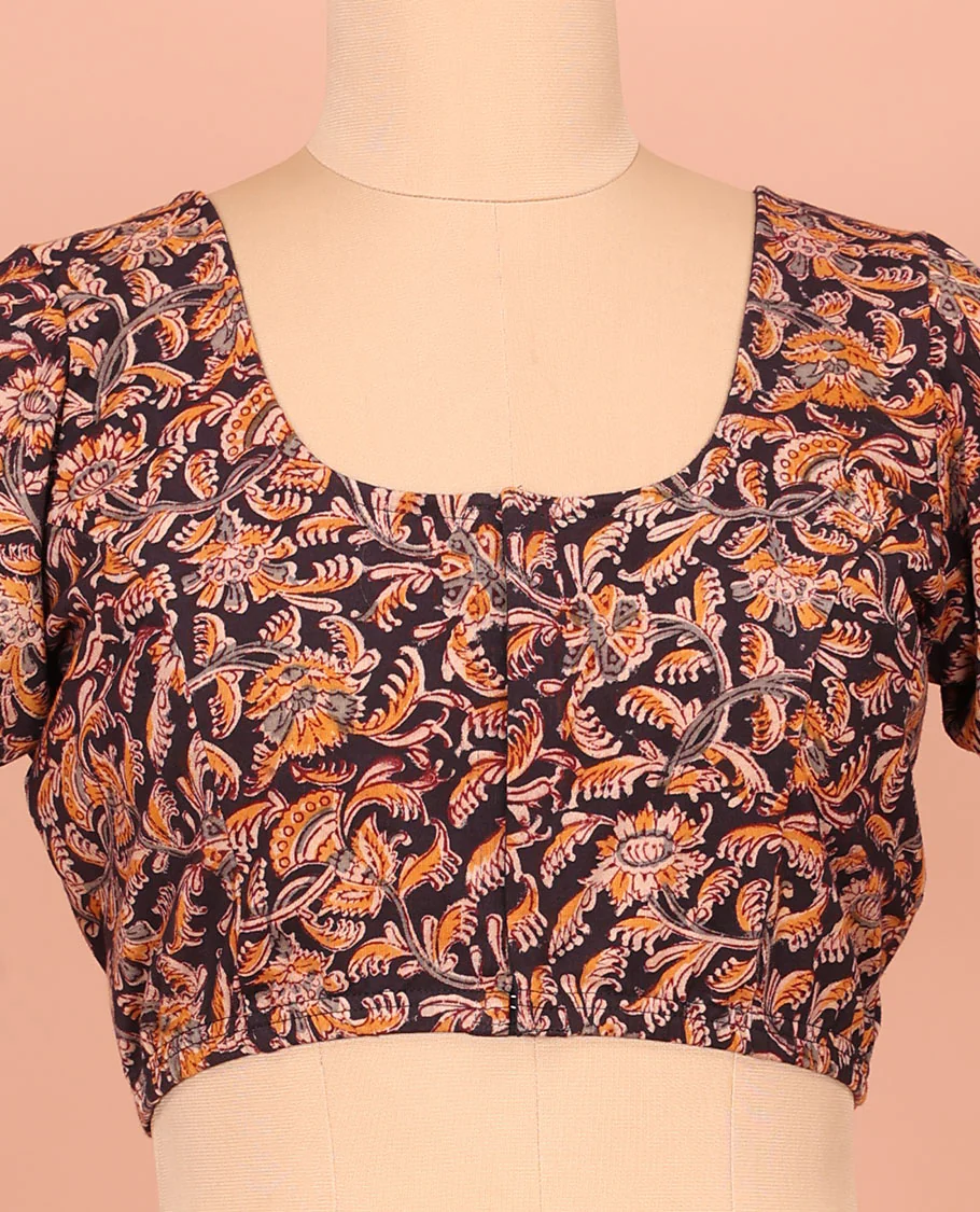 Black Cotton Readymade Enlivened with Floral Vine Design Print, Featuring a Front Round-Neck, a Back Round Neck, and Elbow Sleeves - Image 2