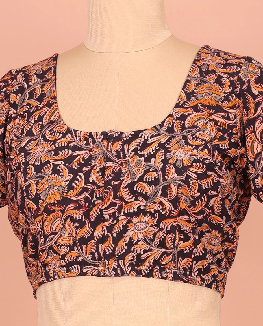 Black Cotton Readymade Enlivened with Floral Vine Design Print, Featuring a Front Round-Neck, a Back Round Neck, and Elbow Sleeves - Image 3