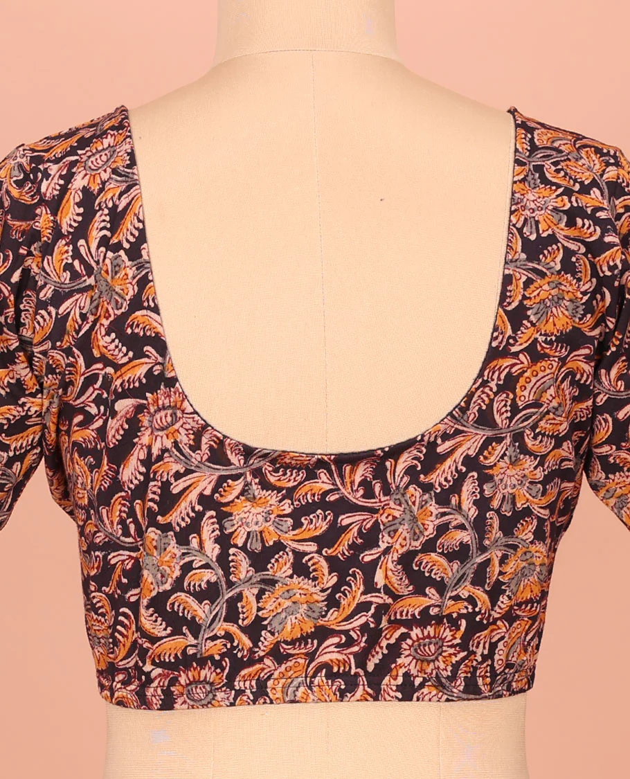 Black Cotton Readymade Enlivened with Floral Vine Design Print, Featuring a Front Round-Neck, a Back Round Neck, and Elbow Sleeves - Image 4