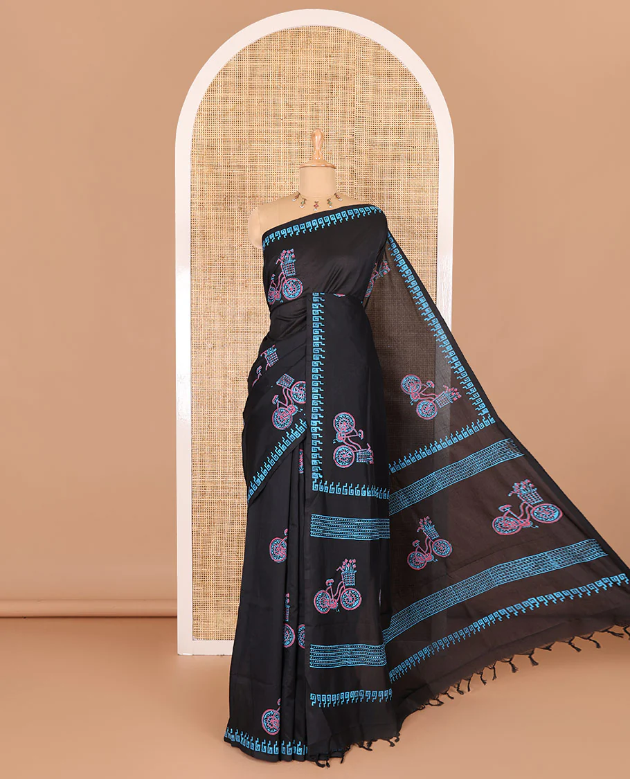 Black cycle with flower basket motifs block printed South cotton saree, Greek key motifs block printed border, a matching blouse, and a contrast floral motifs printed blouse