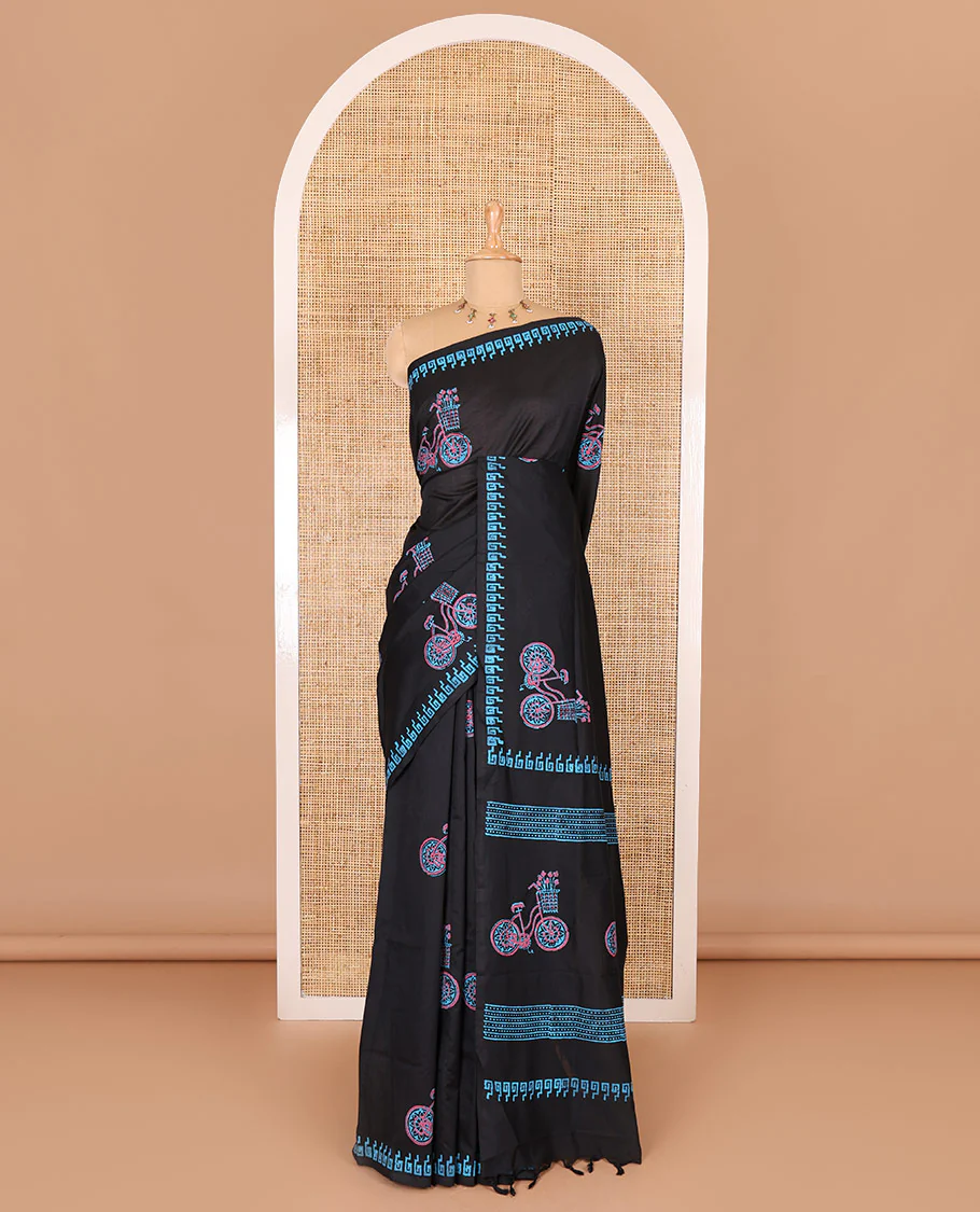 Black cycle with flower basket motifs block printed South cotton saree, Greek key motifs block printed border, a matching blouse, and a contrast floral motifs printed blouse - Image 2