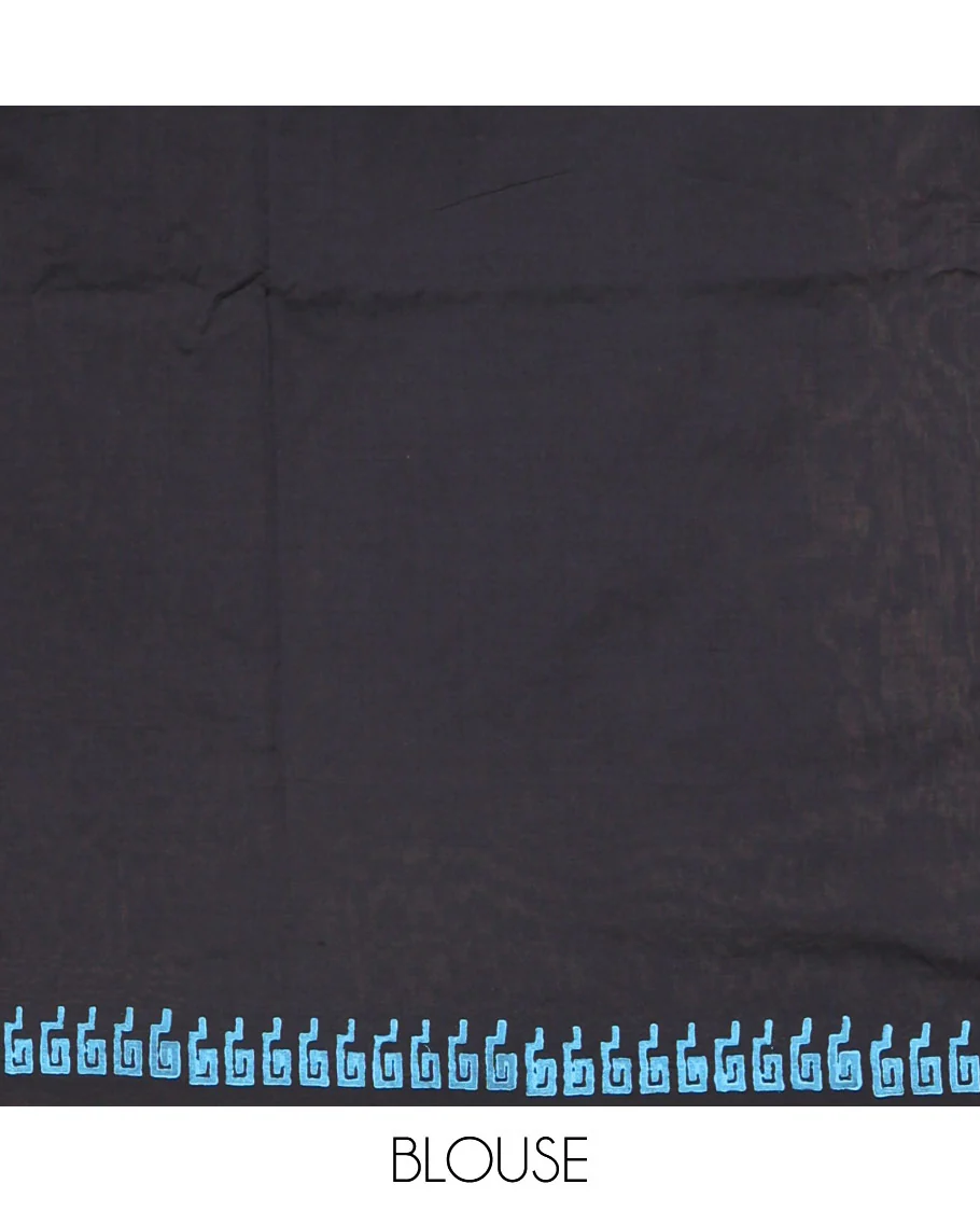 Black cycle with flower basket motifs block printed South cotton saree, Greek key motifs block printed border, a matching blouse, and a contrast floral motifs printed blouse - Image 5
