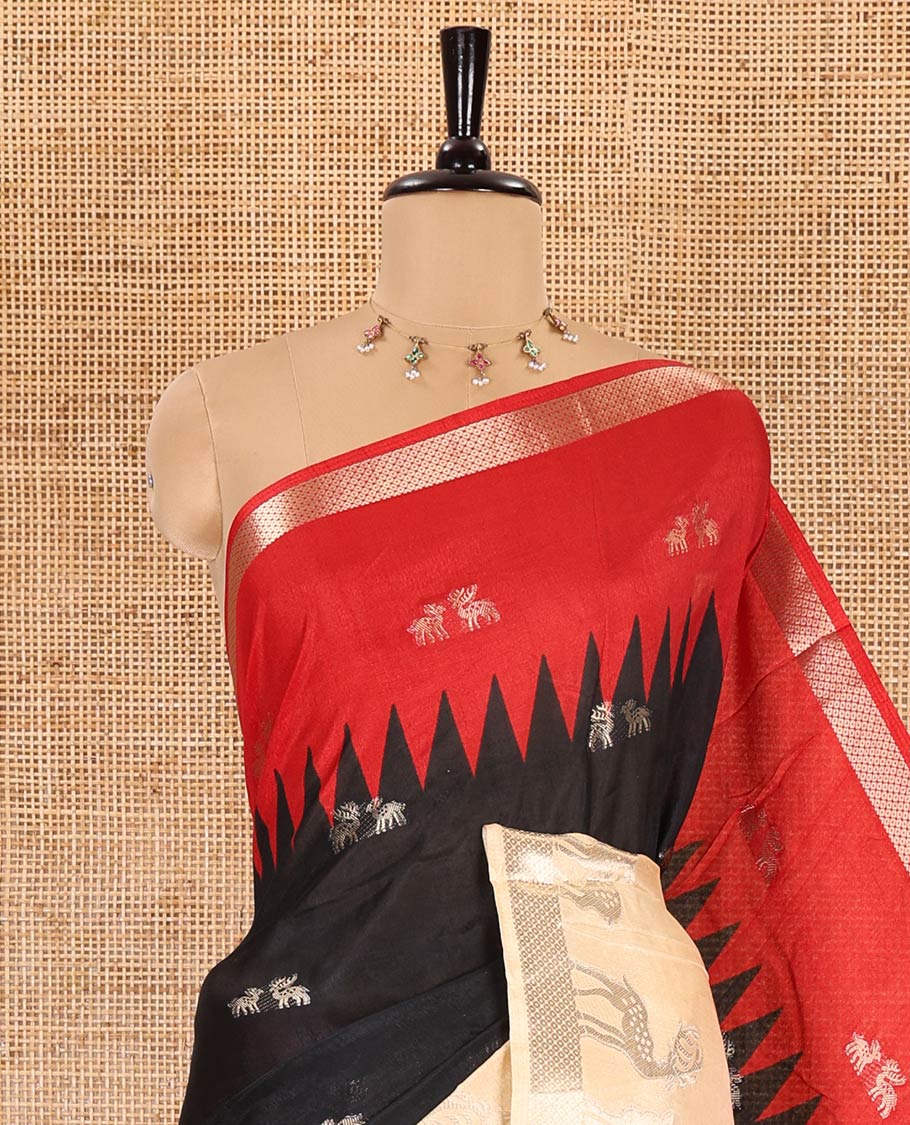 Black deer zari motifs dola silk saree, contrast red-cream ganga jamuna deer motifs zari woven border, paisley-diamond printed pallu, and a contrast deer motifs blouse - Image 2