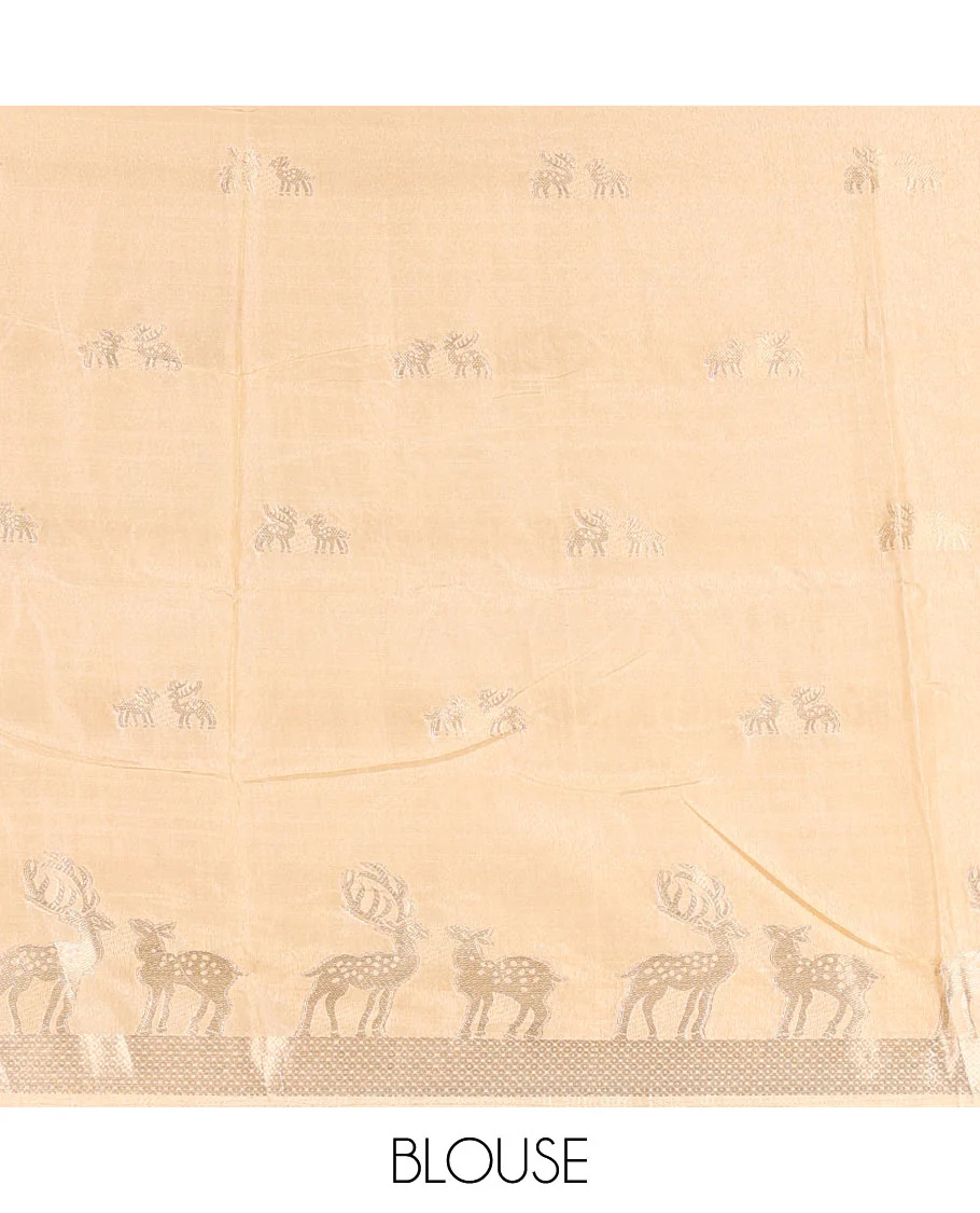 Black deer zari motifs dola silk saree, contrast red-cream ganga jamuna deer motifs zari woven border, paisley-diamond printed pallu, and a contrast deer motifs blouse - Image 3
