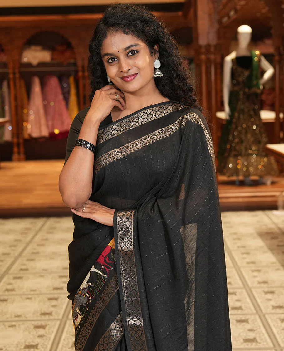 Black Dola Silk Saree Features Vertical Stripes and Pichwai Cow Motifs, Adorned with a Pallu Steeped in Pichwai Cow Motifs, and Paired with a Matching Blouse of Pichwai Lotus Motifs - Image 3