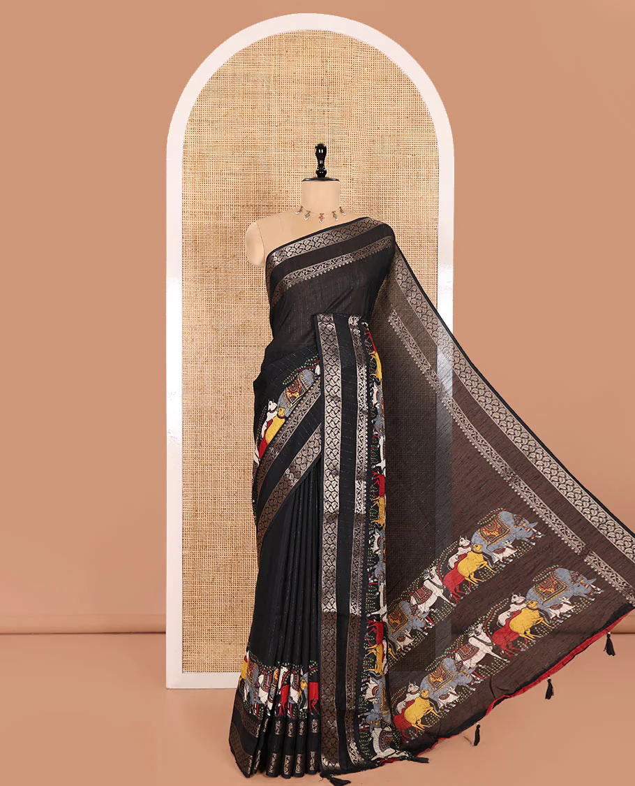 Black Dola Silk Saree Features Vertical Stripes and Pichwai Cow Motifs, Adorned with a Pallu Steeped in Pichwai Cow Motifs, and Paired with a Matching Blouse of Pichwai Lotus Motifs - Image 5