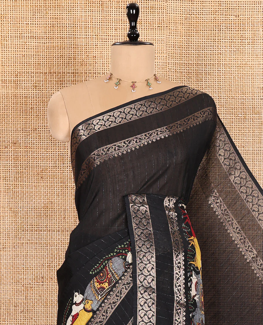 Black Dola Silk Saree Features Vertical Stripes and Pichwai Cow Motifs, Adorned with a Pallu Steeped in Pichwai Cow Motifs, and Paired with a Matching Blouse of Pichwai Lotus Motifs - Image 6