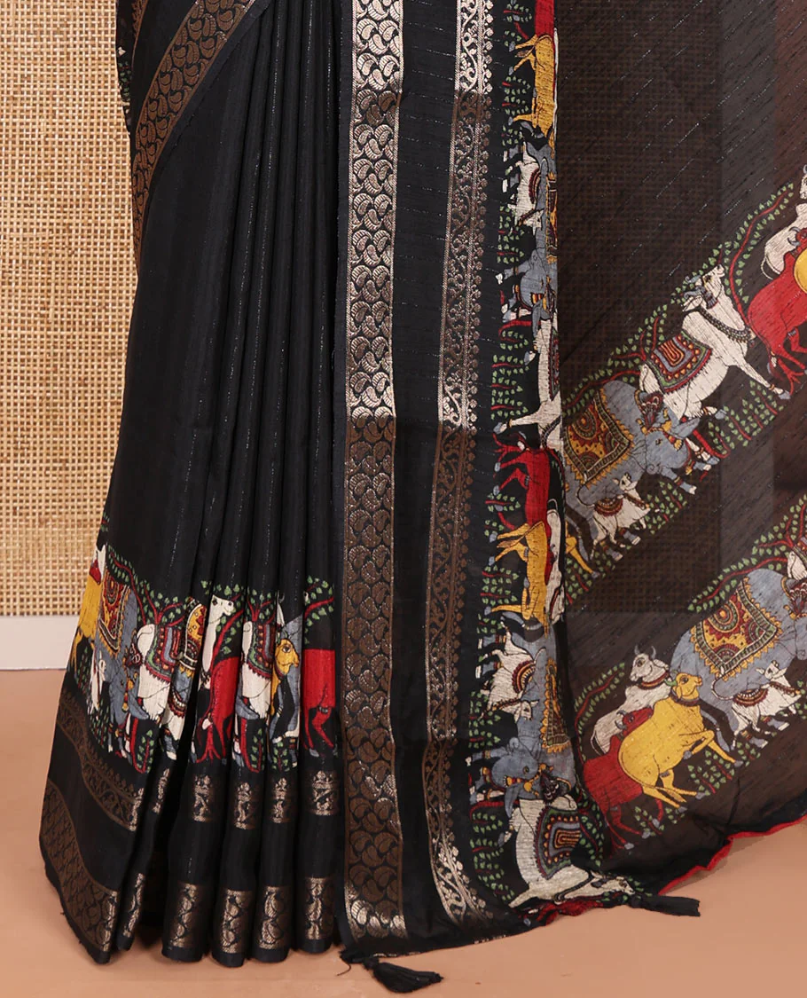 Black Dola Silk Saree Features Vertical Stripes and Pichwai Cow Motifs, Adorned with a Pallu Steeped in Pichwai Cow Motifs, and Paired with a Matching Blouse of Pichwai Lotus Motifs - Image 7