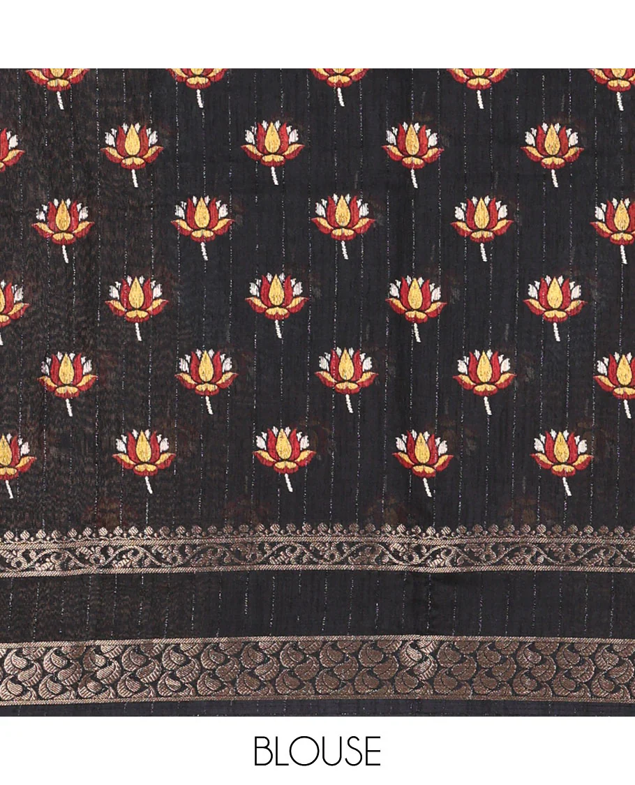 Black Dola Silk Saree Features Vertical Stripes and Pichwai Cow Motifs, Adorned with a Pallu Steeped in Pichwai Cow Motifs, and Paired with a Matching Blouse of Pichwai Lotus Motifs - Image 8