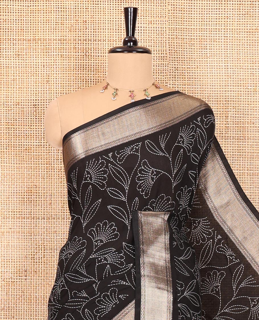 Black dotted floral discharge printed assam silk saree, chevron striped border, zari striped pallu, and a matching blouse - Image 2