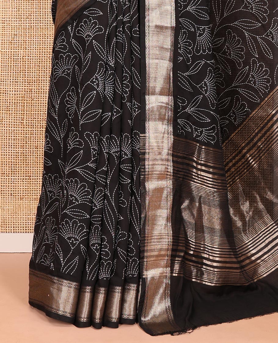 Black dotted floral discharge printed assam silk saree, chevron striped border, zari striped pallu, and a matching blouse - Image 3