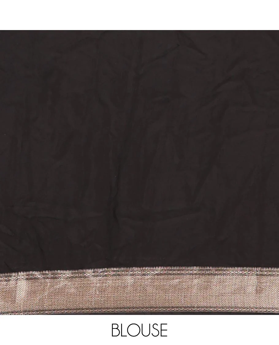 Black dotted floral discharge printed assam silk saree, chevron striped border, zari striped pallu, and a matching blouse - Image 4