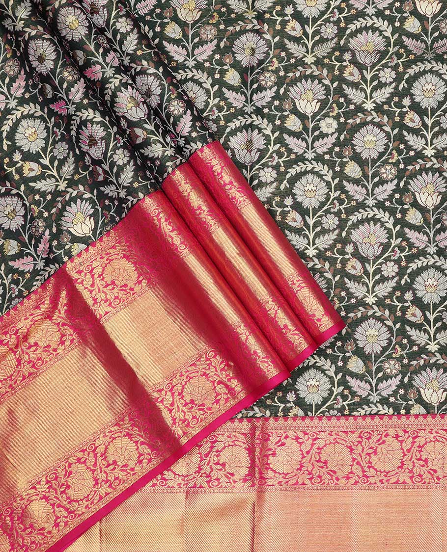 Black floal jacquard pure silk half saree with contrast floral border , zari design blouse & floral zari design dhavani - Image 2