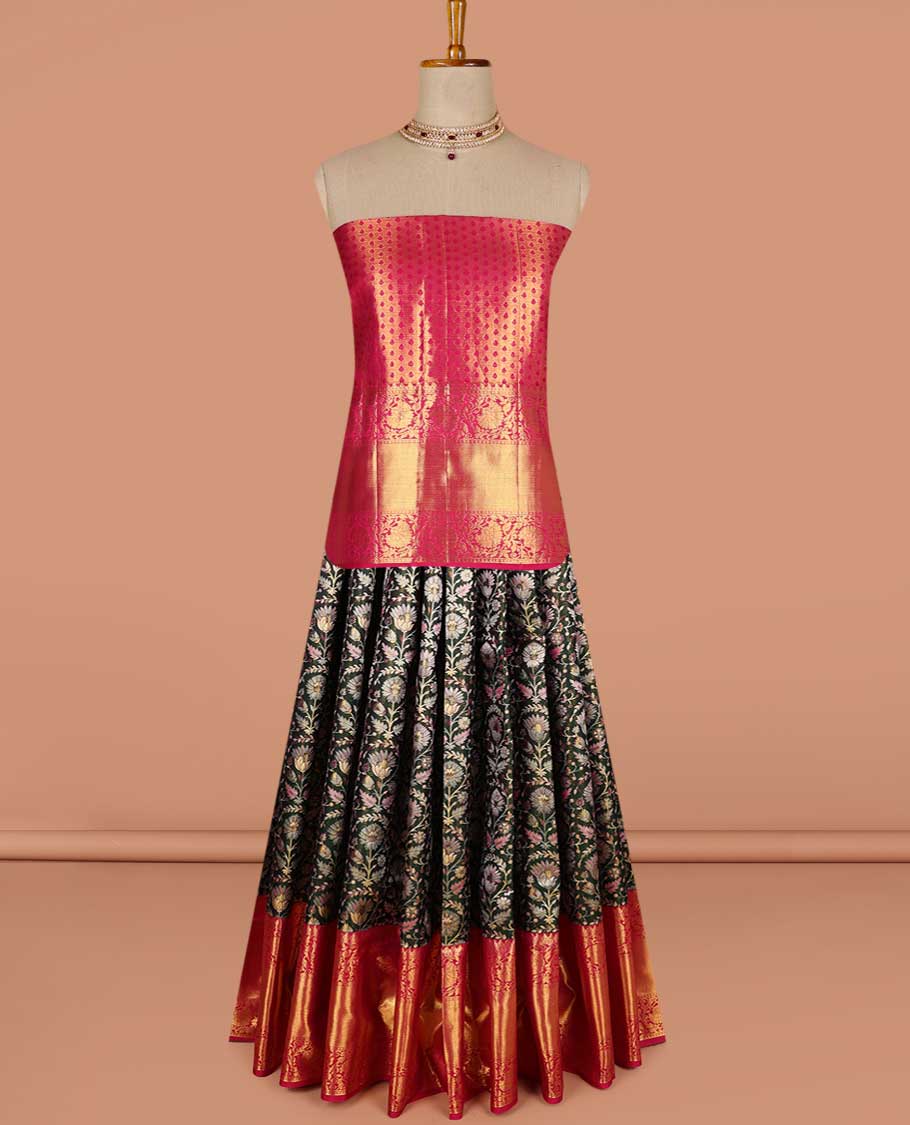 Black floal jacquard pure silk half saree with contrast floral border , zari design blouse & floral zari design dhavani - Image 3